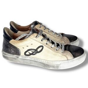 MALEDETTI TOSCANI Woman's Luxury Leather Cream Metallic Black Logo Sneaker Sz 37